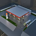 Gas Station Aerial View With Red Yellow Canopy Fuel Pumps And Fuel Truck