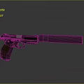 Black Metal Pistol With Silencer And Wooden Grip On Gray Background