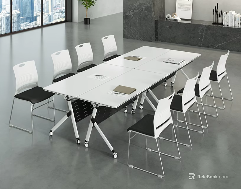 Modern Office Conference Table With White Top Rolling Wheels And Ergonomic Chairs 3d model 