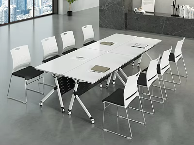 Modern Office Conference Table With White Top Rolling Wheels And Ergonomic Chairs 3d model