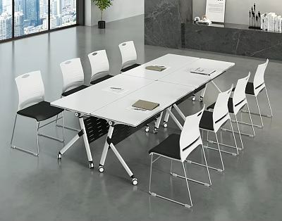 Modern Office Conference Table With White Top Rolling Wheels And Ergonomic Chairs 3d model