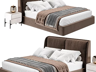 Double Bed With Brown Frame White Pillows Striped Blanket And Nightstand Decor 3d model