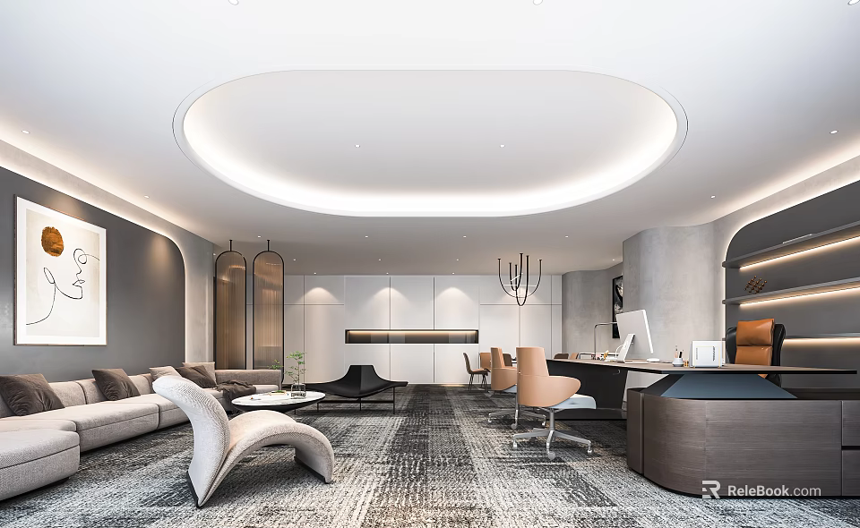 Modern Office Interior With Open Layout Grey Sofa Beige Office Chairs And Round Ceiling Light 3d model