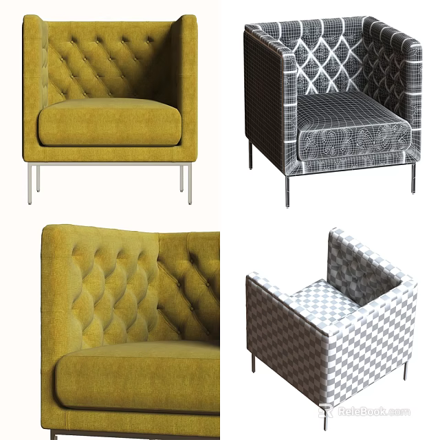 Single Sofa With Tufted Design Patterned Upholstery And Metal Legs 3d model