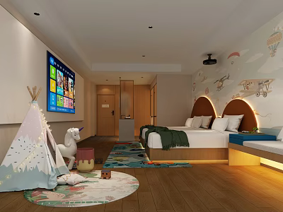 Family Friendly Hotel Guest Room With Teepee Toy Horse Colorful Rug And Airplane Decor 3d model