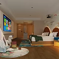 Family Friendly Hotel Guest Room With Teepee Toy Horse Colorful Rug And Airplane Decor