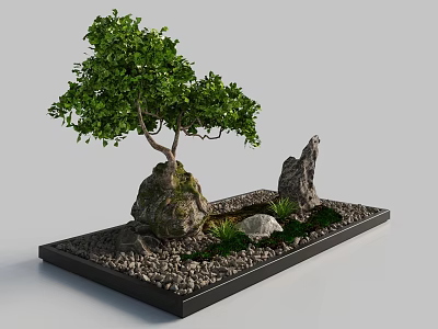 Rockery Stones Decorative Setup With Green Tree Small Pebbles And Plants In Black Tray 3d model