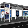 Modern Bus Stop Shelter With Advertising Boards Near Waterfront And Trees Along Road
