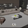 Modern Beige Sofa and Coffee Table Set With Armchair Bookshelf Plant and Carpet
