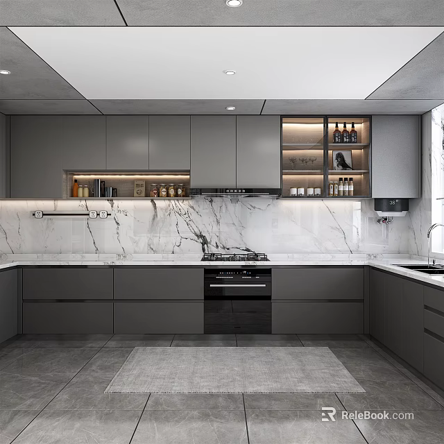 Modern Open Concept Kitchen Interior Design With Island Counter And Cabinets 3d model