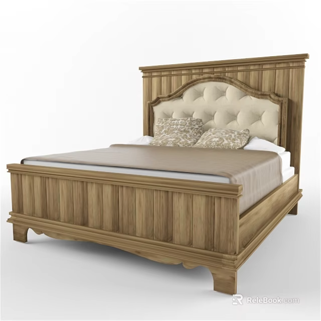 Classic Wooden Double Bed With Upholstered Headboard Light Wood Frame And Decorative Pillows 3d model 