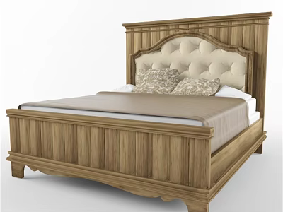 Classic Wooden Double Bed With Upholstered Headboard Light Wood Frame And Decorative Pillows 3d model