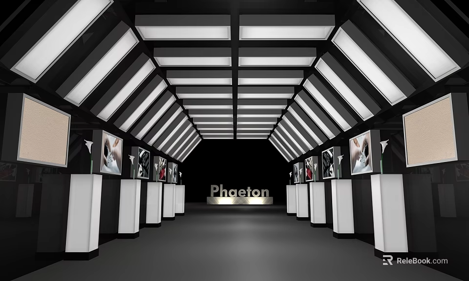 Phaeton Exhibition Hall Interior With Display Stands And Car Displays On Both Sides 3d model 