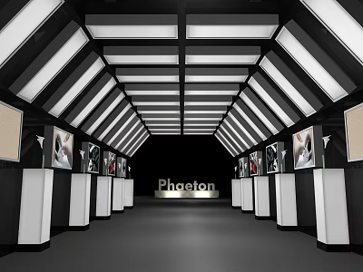 Phaeton Exhibition Hall Interior With Display Stands And Car Displays On Both Sides 3d model