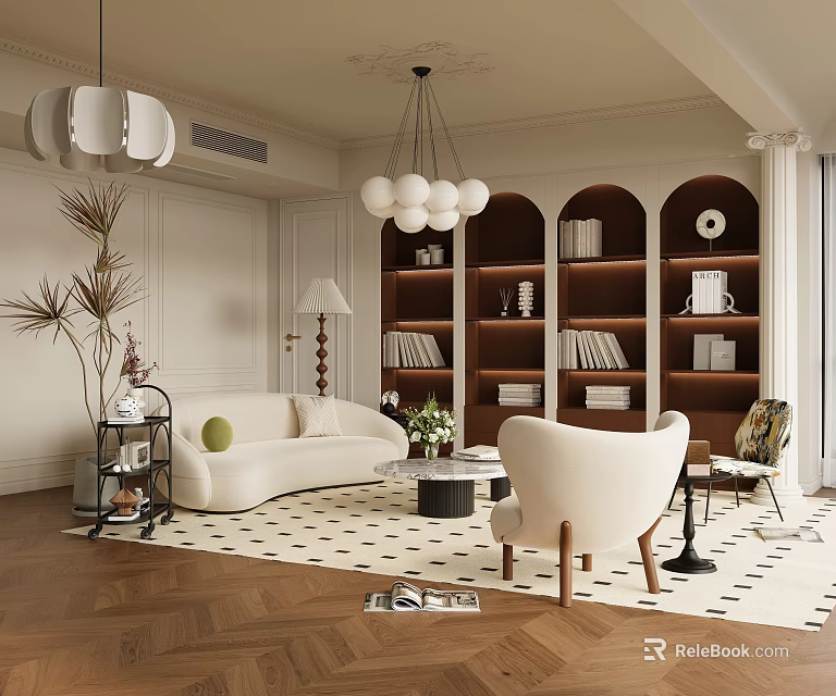 Elegant Living Room With Herringbone Wood Floor Black White Checkered Rug White Sofa Armchair Bookshelves 3d model 