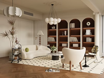 Elegant Living Room With Herringbone Wood Floor Black White Checkered Rug White Sofa Armchair Bookshelves 3d model