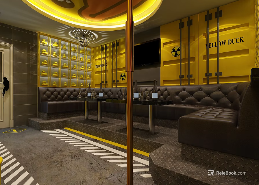 Yellow Themed KTV Interior Design With Brown Leather Sofas And Circular Ceiling Lighting 3d model 