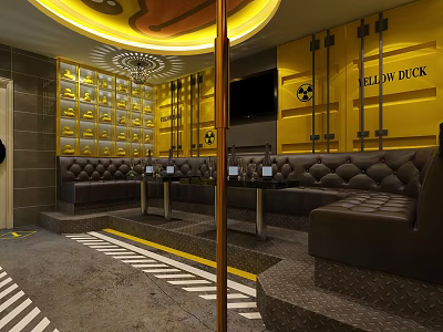 Yellow Themed KTV Interior Design With Brown Leather Sofas And Circular Ceiling Lighting 3d model