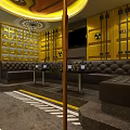 Yellow Themed KTV Interior Design With Brown Leather Sofas And Circular Ceiling Lighting