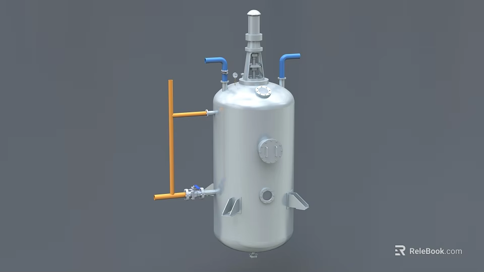 Industrial Equipment Stainless Steel Tank With Blue Orange Pipes And Top Mounted Device 3d model 