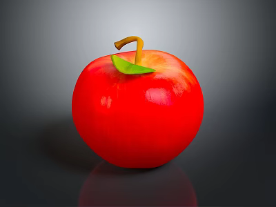 Fresh Red Apple With Green Leaf And Stem Shiny Surface On Dark Background 3d model
