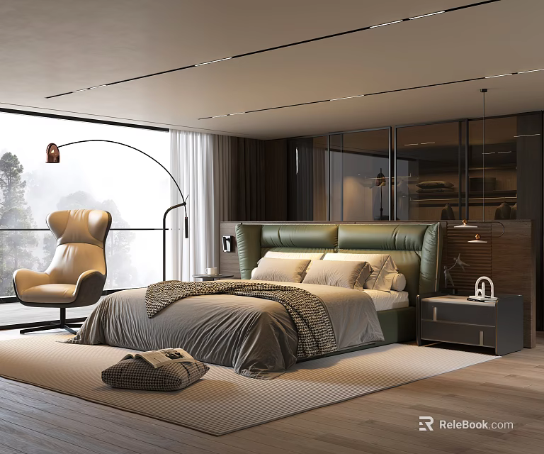 Stylish Modern Bedroom With Green Headboard Beige Bedding Floor Lamp And Large Window 3d model 