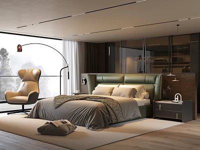 Stylish Modern Bedroom With Green Headboard Beige Bedding Floor Lamp And Large Window 3d model
