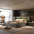 Stylish Modern Bedroom With Green Headboard Beige Bedding Floor Lamp And Large Window