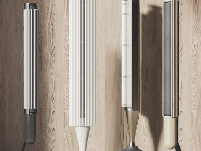 Column Shaped Headphones and Speakers with Various Colors and Designs Arranged Against Wooden Textured Wall 3d model