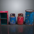 Industrial Equipment Including Red Blue Storage Containers Gas Cylinders And Oil Drum