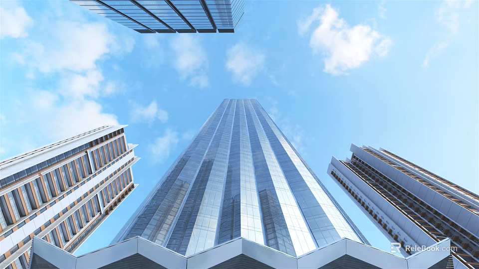 Modern Glass Curtain Wall Skyscraper Office Building With Surrounding Buildings Blue Sky White Clouds 3d model 