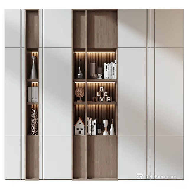 Modern Wooden And White Display Cabinet With Open Shelves Decorations Books LOVE Letters And Lighting 3d model 