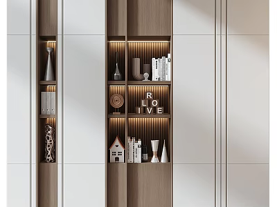 Modern Wooden And White Display Cabinet With Open Shelves Decorations Books LOVE Letters And Lighting 3d model