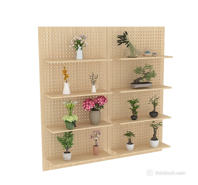 Stylish Wooden Perforated Board Wall Decor With Multiple Shelves Potted Plants And Decorative Vases 3d model 