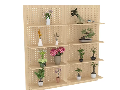 Stylish Wooden Perforated Board Wall Decor With Multiple Shelves Potted Plants And Decorative Vases 3d model