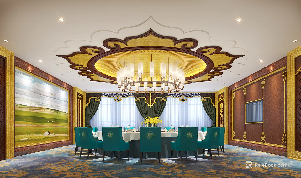 Luxurious Private Dining Room Interior With Ornate Ceiling Design Chandelier Green Chairs And Round Table 3d model 