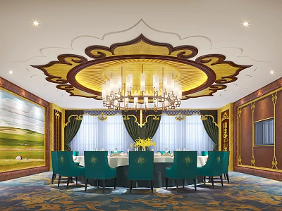 Luxurious Private Dining Room Interior With Ornate Ceiling Design Chandelier Green Chairs And Round Table 3d model