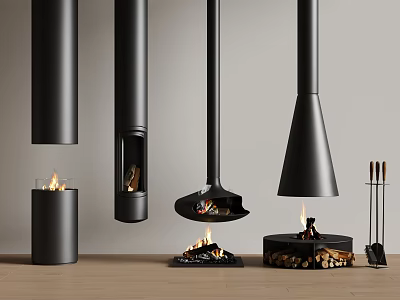 Stylish Black Fireplaces With Different Styles Like Hanging Columnar Burning Flames Firewood And Tools 3d model