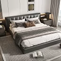 Stylish Double Bed With Black Leather Headboard Gray Brown Pillows Striped Blanket And Nightstands