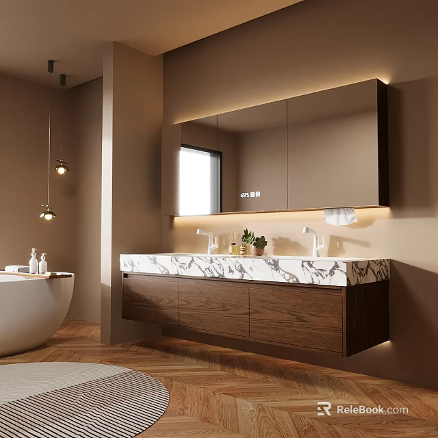 Modern Bathroom Vanity With Double Sinks Marble Countertop Wooden Cabinet And Backlit Mirror 3d model 