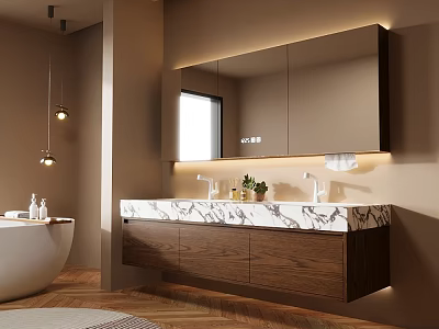 Modern Bathroom Vanity With Double Sinks Marble Countertop Wooden Cabinet And Backlit Mirror 3d model