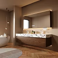 Modern Bathroom Vanity With Double Sinks Marble Countertop Wooden Cabinet And Backlit Mirror