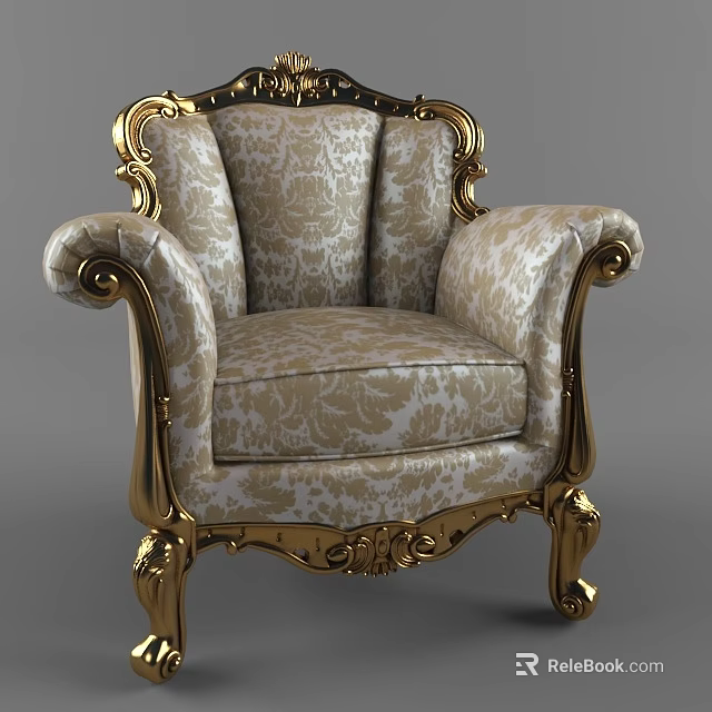 Luxurious Single Sofa With Golden Carved Armrests And Patterned Fabric Upholstery 3d model 