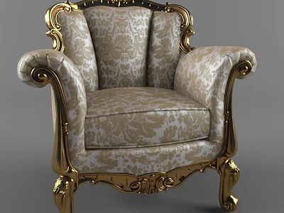 Luxurious Single Sofa With Golden Carved Armrests And Patterned Fabric Upholstery 3d model