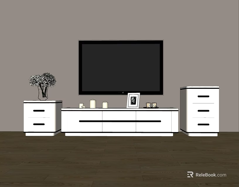 Modern White TV Stand With Drawer Cabinets And Decorative Vase Candles Photo Frame 3d model 