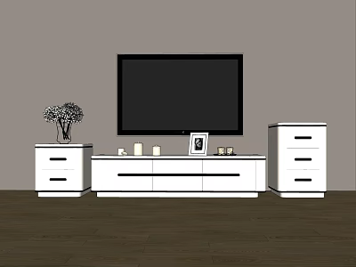Modern White TV Stand With Drawer Cabinets And Decorative Vase Candles Photo Frame 3d model