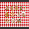 Christmas Decorative Ornament Set With Gingerbread Man Tree Bell Star On Red White Checkered Background