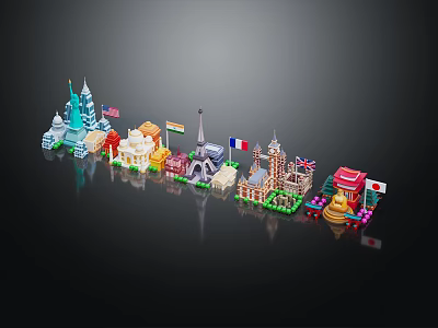 Colorful Cartoon Scenery With Various Countries Famous Landmarks Models And National Flags 3d model