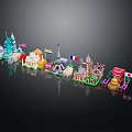 Colorful Cartoon Scenery With Various Countries Famous Landmarks Models And National Flags