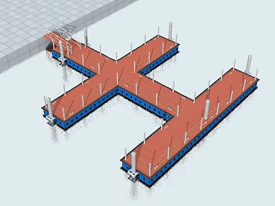 Garden Landscape Design With Cross Shaped Platform Red Surface Blue Supports And Water Reflection 3d model